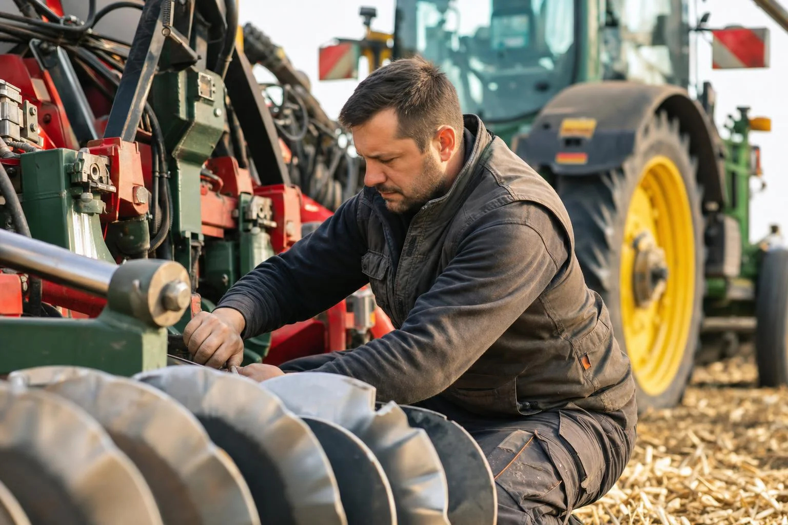 Traktor i priključna oprema pripremljeni za jesenske radove na poljoprivrednom imanju u sumrak