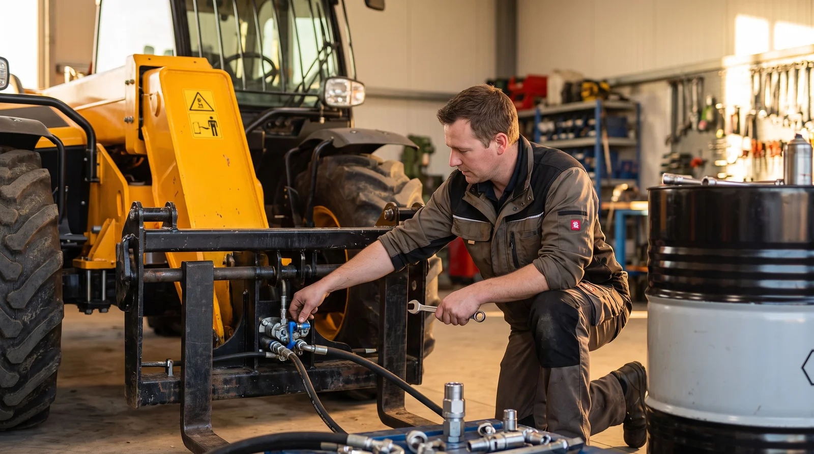 Telehandler s montiranim hidrauličnim priključkom za mikser na poljoprivrednom imanju